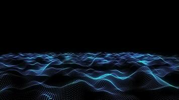 Abstract loopable blue cg motion waving dots texture with glowing defocused particles. Cyber or technology digital landscape background. video