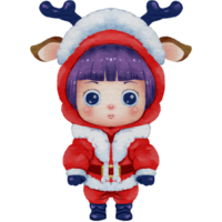 Christmas chibi girl cute cartoon character isolated in Santa costume watercolor style for decoration greeting and New Year card. png