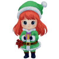 Navidad chibi niña linda dibujos animados personaje aislado en Papa Noel disfraz acuarela estilo para decoración saludo y nuevo año tarjeta. png