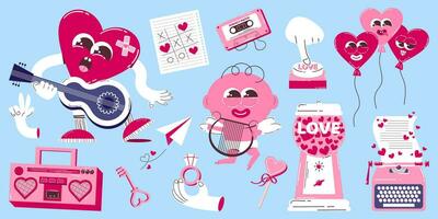 linda corazón y Cupido caracteres para San Valentín día en retro dibujos animados estilo. vistoso rosado clipart de diferente elementos para San Valentín día. de moda mascota diseño. vector