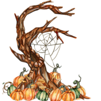 Watercolor hand drawn composition of autumn with pumpkins, mushroom and witch. png