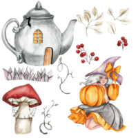 aguarela mão desenhado conjunto do outono com rachado bule de chá, abóboras, cogumelo e bruxa. png