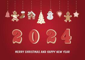 Merry Christmas and New Year 2024 greeting card. Christmas card with wishes and a composition of festive elements and gingerbread. vector