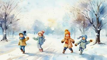 Watercolor illustration of children in the winter. Watercolor handmade.A vivid illustration for your design and decoration. photo