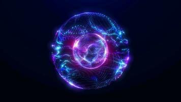 Abstract glowing particle sphere, ultraviolet atom, energy ball shining brightly with rays of light, magic waves from particles and dots, abstract atomic science background, seamless loop. video