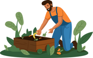 The man is disposing of organic food trash in the compost pit. food waste, zero waste, recycle Concept. png