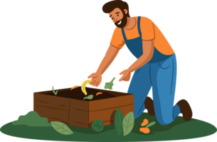 el hombre es desechando de orgánico comida basura en el compost fosa. comida desperdiciar, cero desperdiciar, reciclar concepto. png