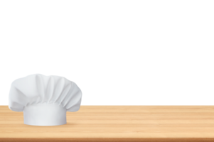 wit chef hoed Aan leeg houten tafel PNG transparant