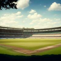 Soccer field with illumination, green grass, and cloudy sky, background for design or advertising by ai generated photo