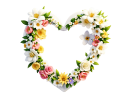 White heart shaped frame decorated with colorful flowers on transparent background.Generative AI. png