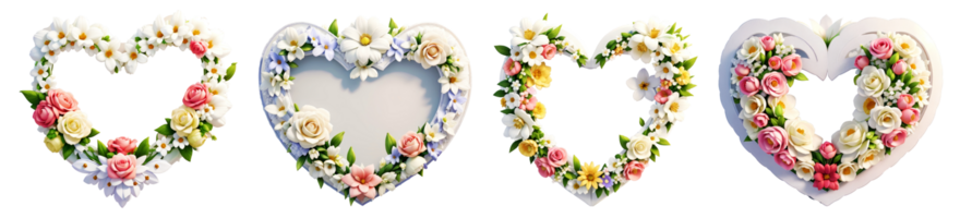 White heart shaped frame decorated with colorful flowers on transparent background.Generative AI. png