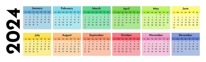 Horizontal calendar for 2024 isolated on a white background. Sunday to Monday, business template. Vector illustration