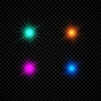 Light effect of lens flares. Set of four green, orange, purple and blue glowing lights starburst effects with sparkles on a dark background. Vector illustration