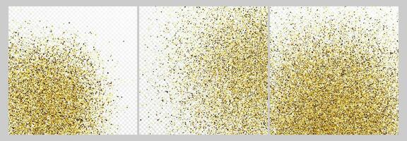 Set of three gold glitter confetti backdrops isolated on white backgrounds. Celebratory texture with shining light effect. Vector illustration.