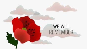 Remembrance Day horizontal cartoon banner. Lest We forget. Red poppy flowers vector