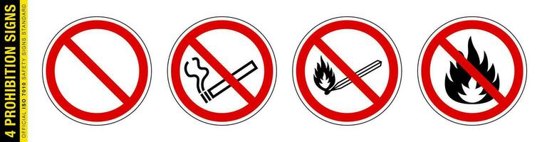 Set of 4 prohibition sign. No smoking, No open flame, No fire. flammable vector isolated