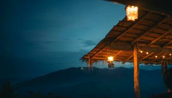 Lanterns hanging under the roof at dusk,lantern hangs below the roof. photo