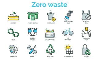 A set of linear color icons related to zero waste. Cloth diaper, education, light bulb, brain, fast fashion, community exchange, repair, conscious consumption, local products. vector