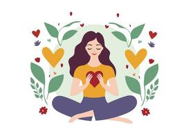 Woman meditating with a flower illustration in the background vector