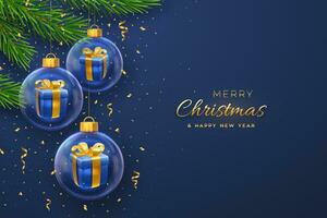 Merry christmas greeting card or banner. Hanging transparent glass balls baubles with gift boxes inside, pine branches on blue background, golden confetti. New Year Xmas 3D design. Vector illustration