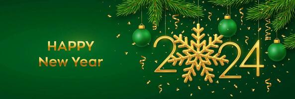 Happy New 2024 Year. Hanging Golden metallic numbers 2024 with snowflake, balls, pine branches and confetti on green background. New Year greeting card or banner template. Holiday decoration. Vector. vector