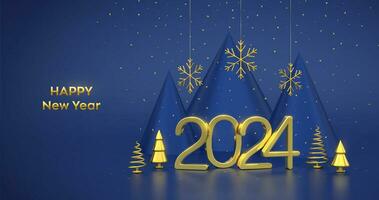 Happy New 2024 Year. 3D Golden metallic numbers 2024 with metallic cone shape pine, spruce trees, gold snowflakes and confetti on blue background. Xmas background, card, header. Vector illustration.