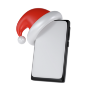 3D Render Black Smartphone with red Santa hat icon mockup with blank white screen on transparent background illustration. Cute element for Christmas and New Year greeting card png