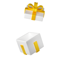 3d white open christmas gift box icon with golden ribbon bow on transparent background. Render modern holiday. Realistic icon for present, birthday or wedding banner png