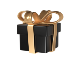 3d black Friday gift box icon with golden ribbon bow on transparent background. Render Shop Sale modern holiday. Realistic icon for present shopping banner or poster png