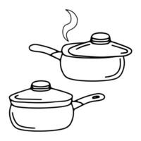 Sketch image of kitchen tableware, pan, pot, saucepan, stew pan. Doodles of dishes, crockery, utensils, dinnerware, kitchenware vector