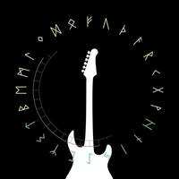 Design for electric guitar t-shirt with runic alphabet. Vector illustration with eighties style.