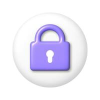 Purple lock icon on white round button. 3D vector illustration.