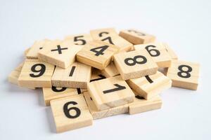 Math number wooden on white background, education study mathematics learning teach concept. photo