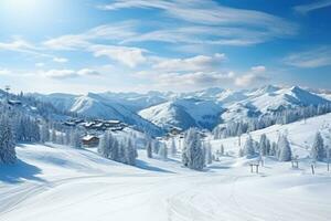 Panorama of a ski resort, slope, ski lift, snow-covered trees in the mountains. Winter village photo