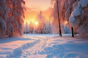 Beautiful winter landscape in the rays of sunset. Snowy road among trees photo