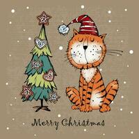 Navidad tarjeta con un linda gato en un sombrero con regalos. vector. vector