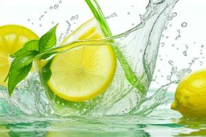 Water splashing on lemons and green tea leaf. AI Generative Pro Photo