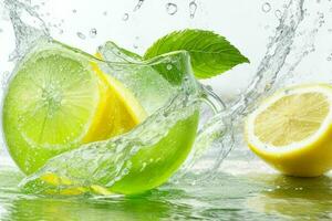 Water splashing on lemons and green tea leaf. AI Generative Pro Photo