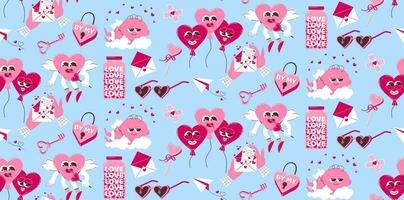 Seamless background for Valentine's Day. Vector pattern in retro style of the 70s, 80s. Cute cupid and heart characters.