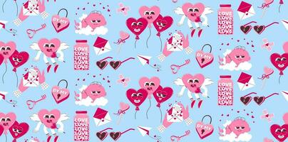 Seamless background for Valentine's Day. Vector pattern in retro style of the 70s, 80s. Cute cupid and heart characters.