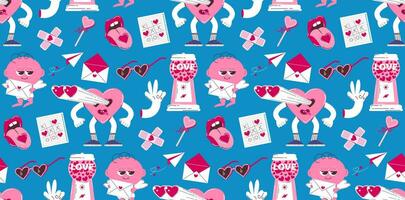 Seamless background for Valentine's Day. Vector pattern in retro style of the 70s, 80s. Cute cupid and heart characters.