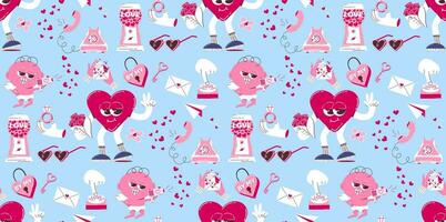 Seamless background for Valentine's Day. Vector pattern in retro style of the 70s, 80s. Cute cupid and heart characters.