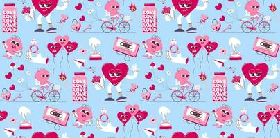 Seamless background for Valentine's Day. Vector pattern in retro style of the 70s, 80s. Cute cupid and heart characters.