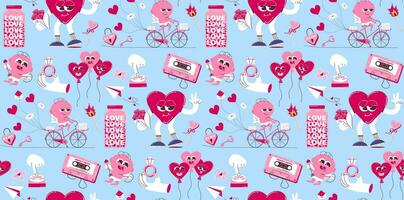 Seamless background for Valentine's Day. Vector pattern in retro style of the 70s, 80s. Cute cupid and heart characters.