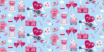 Seamless background for Valentine's Day. Vector pattern in retro style of the 70s, 80s. Cute cupid and heart characters.