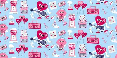 Seamless background for Valentine's Day. Vector pattern in retro style of the 70s, 80s. Cute cupid and heart characters.