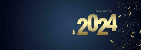 A Happy New Year 2024 sign and banner concept designs. with gold 2024 number with ribbons on dark gradient blue background vector