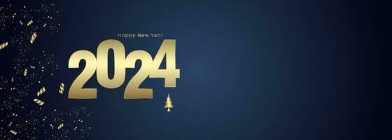 gold 2024 number with ribbons on dark gradient blue background. and Happy New Year 2024 sign and banner concept design vector