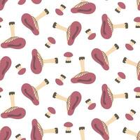 Pattern with purple russula on white background. Cartoon flat vector large and small mushroom in different positions. Design template for textiles, wallpaper, print. russula on a seamless background