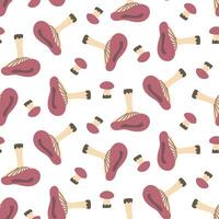 Pattern with purple russula on white background. Cartoon flat vector large and small mushroom in different positions. Design template for textiles, wallpaper, print. russula on a seamless background